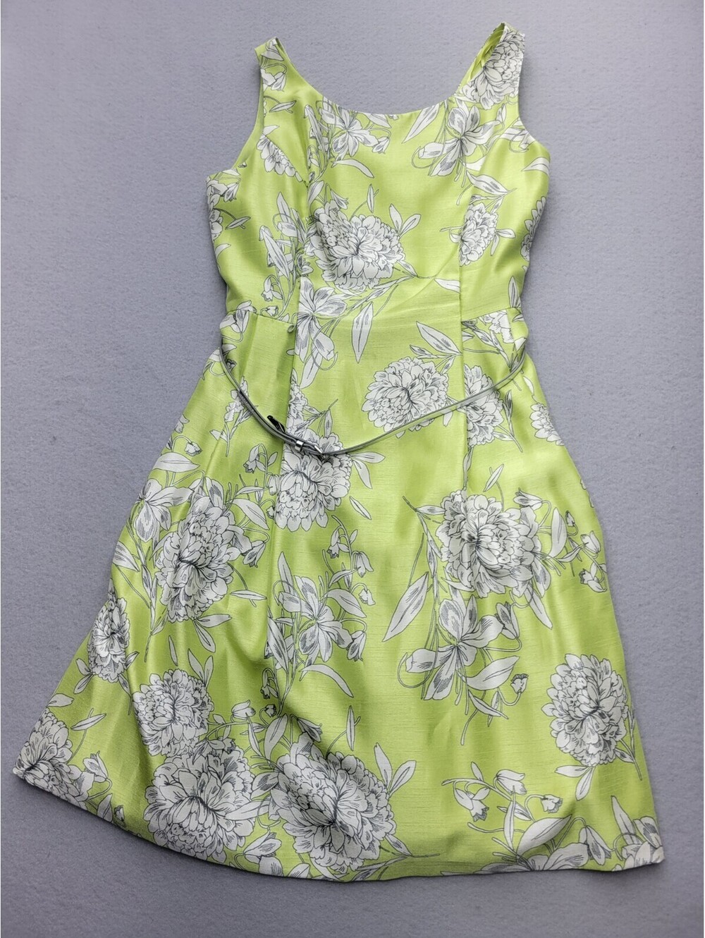 Jessica Howard Womens Dress 14P Green Empire Sleeveless Floral Belt Puffy Party
